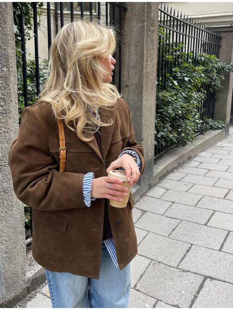 Trenchcoat en Suède Marron Oversize pour Femmes