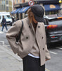 Veste Courte en Laine Beige à Col Montant pour Femmes