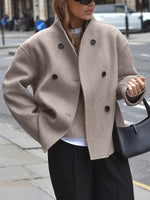 Veste Courte en Laine Beige à Col Montant pour Femmes