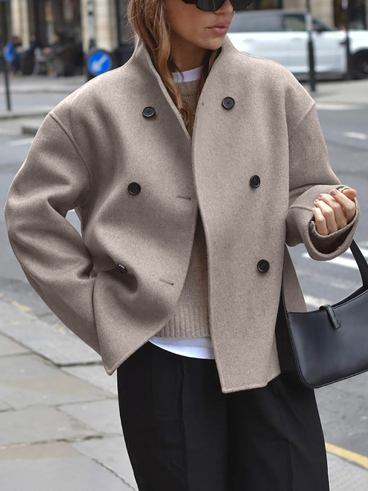 Veste Courte en Laine Beige à Col Montant pour Femmes