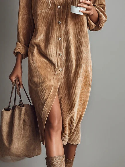 Robe Chemise Femme Midi Droite à Manches Longues en Velours Côtelé