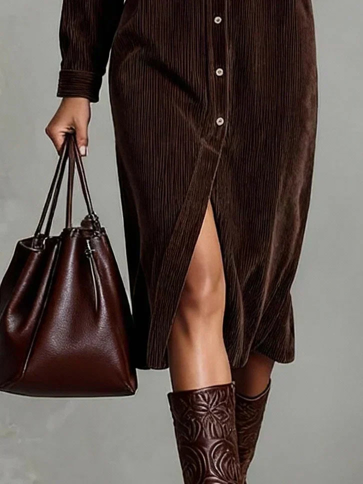 Robe Chemise Femme Midi Droite à Manches Longues en Velours Côtelé