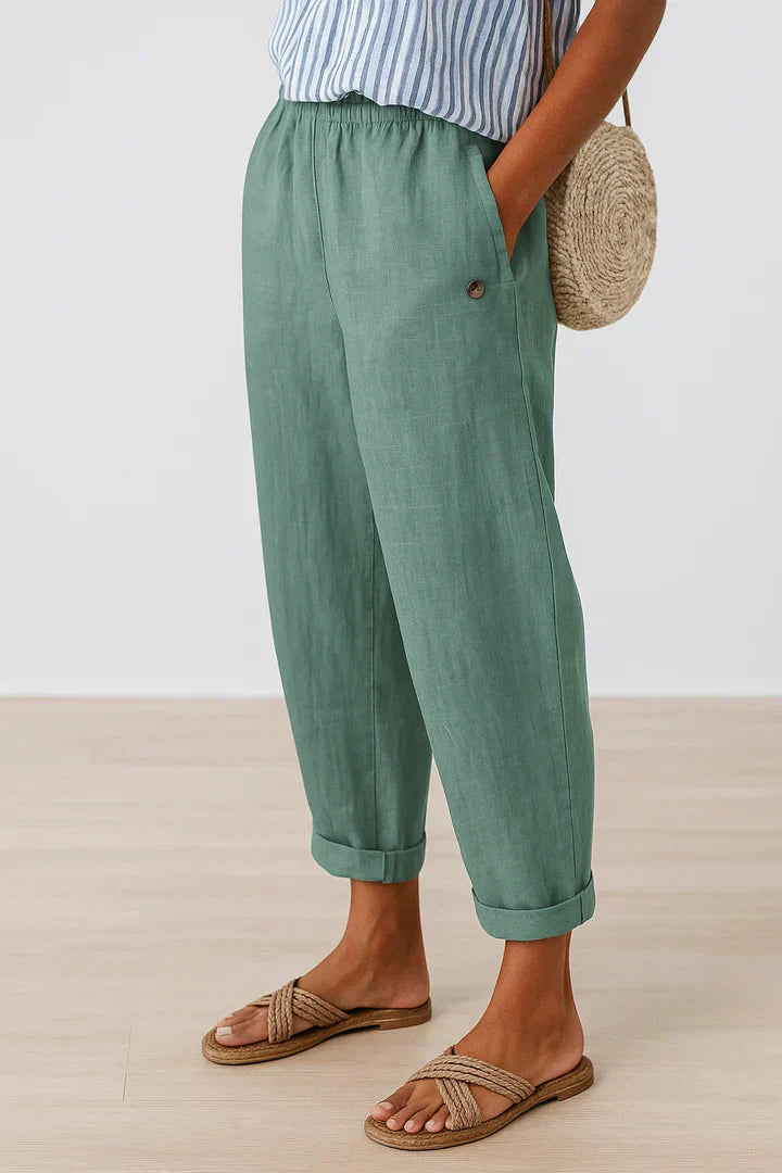 Pantalon Large Taille Haute en Coton et Lin pour Femmes