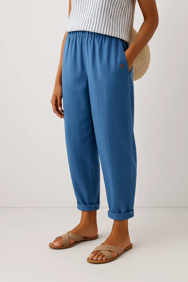 Pantalon Large Taille Haute en Coton et Lin pour Femmes