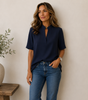 Blouse Femme Col V Manches Courtes Coupe Fluide Unie