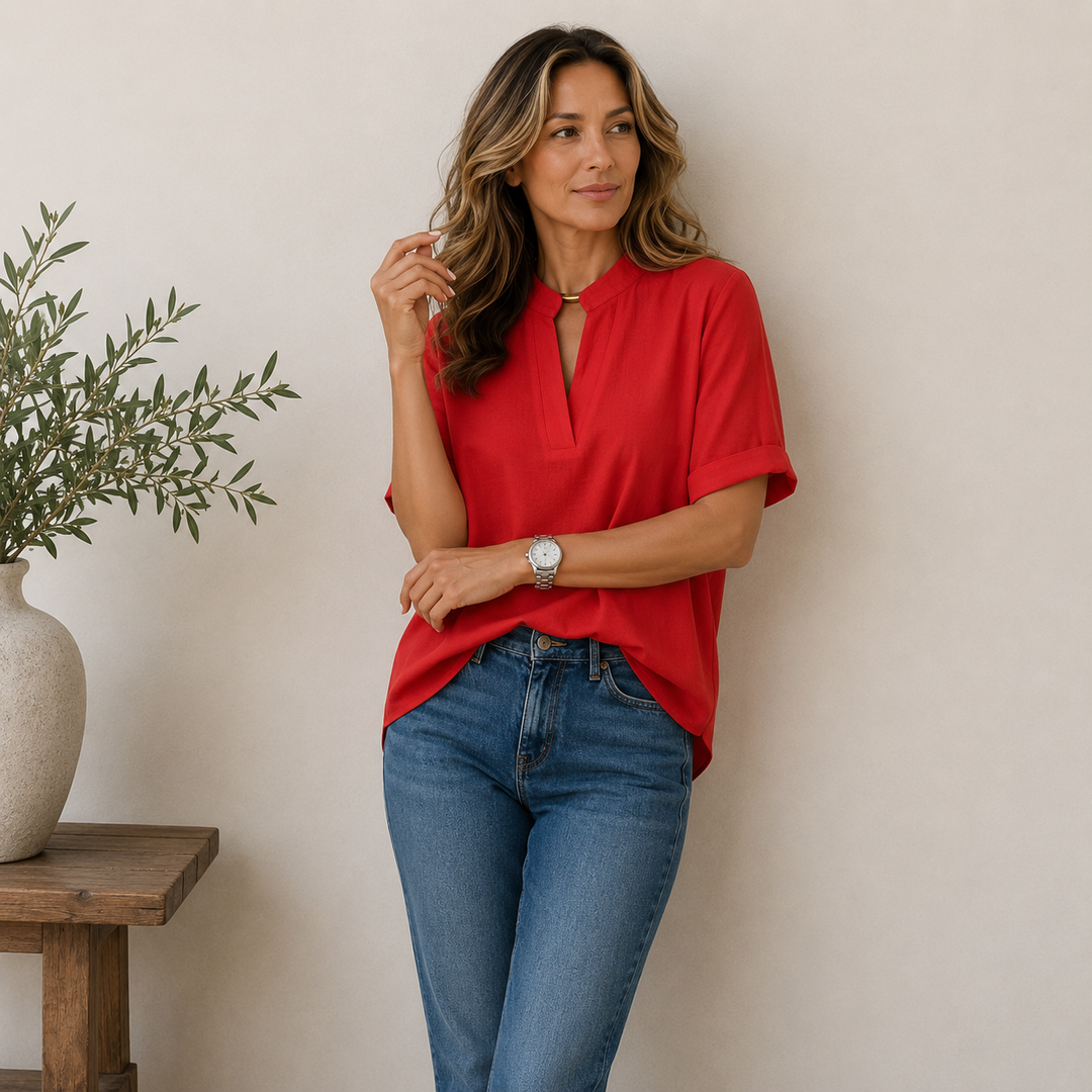 Blouse Femme Col V Manches Courtes Coupe Fluide Unie