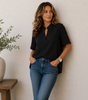 Blouse Femme Col V Manches Courtes Coupe Fluide Unie