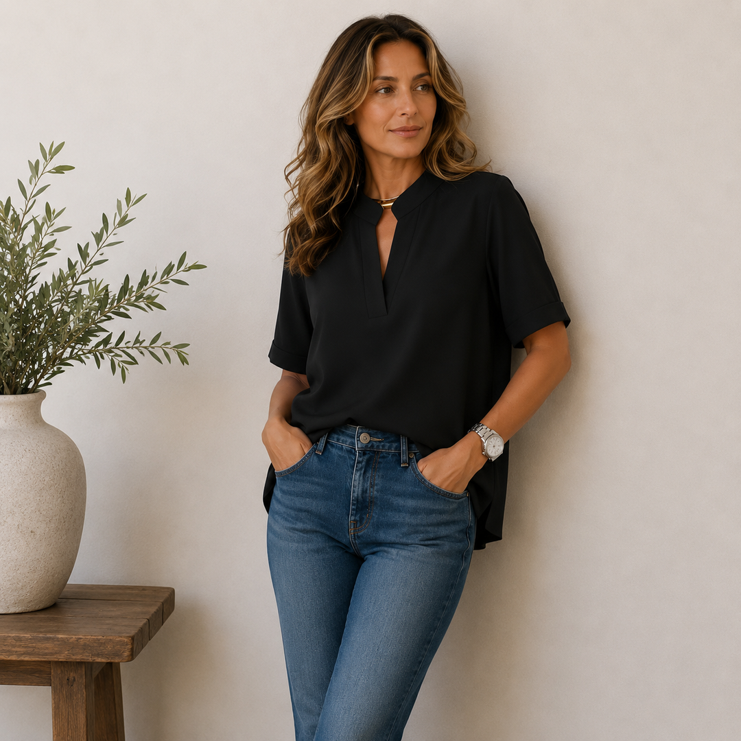 Blouse Femme Col V Manches Courtes Coupe Fluide Unie