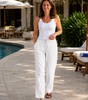 Pantalon Décontracté Taille Haute en Coton et Lin pour Femme