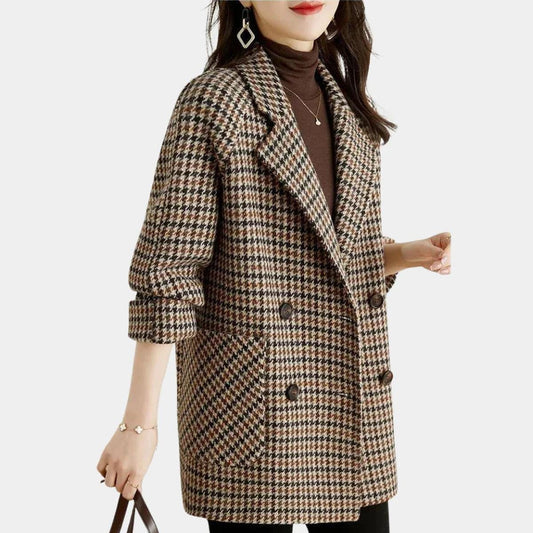 Manteau Vintage à Carreaux Double Boutonnage pour Femmes