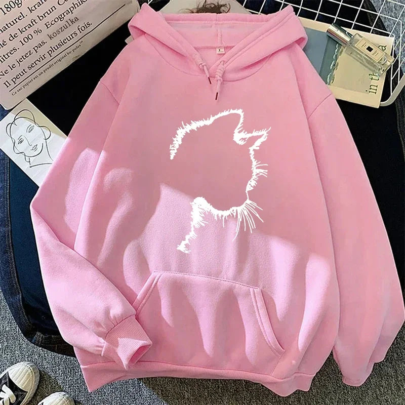 Sweat à Capuche Imprimé Chat Style Minimaliste pour Femmes