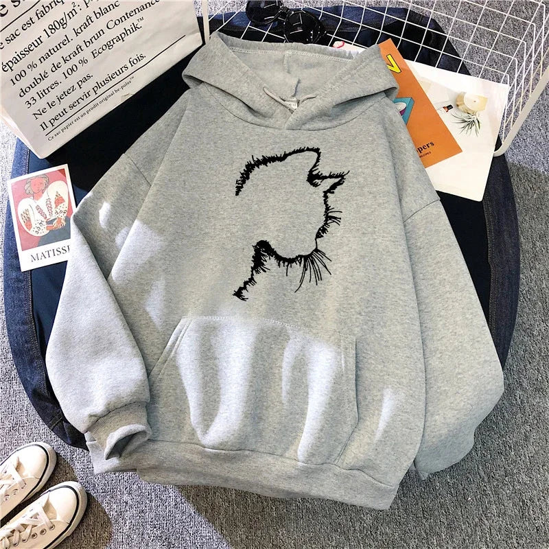 Sweat à Capuche Imprimé Chat Style Minimaliste pour Femmes