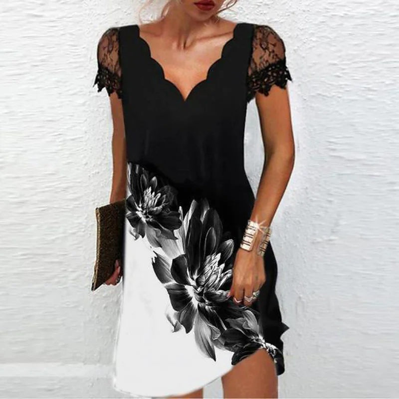 Short Sleeve Mini Dress with Scalloped Neckline for Women