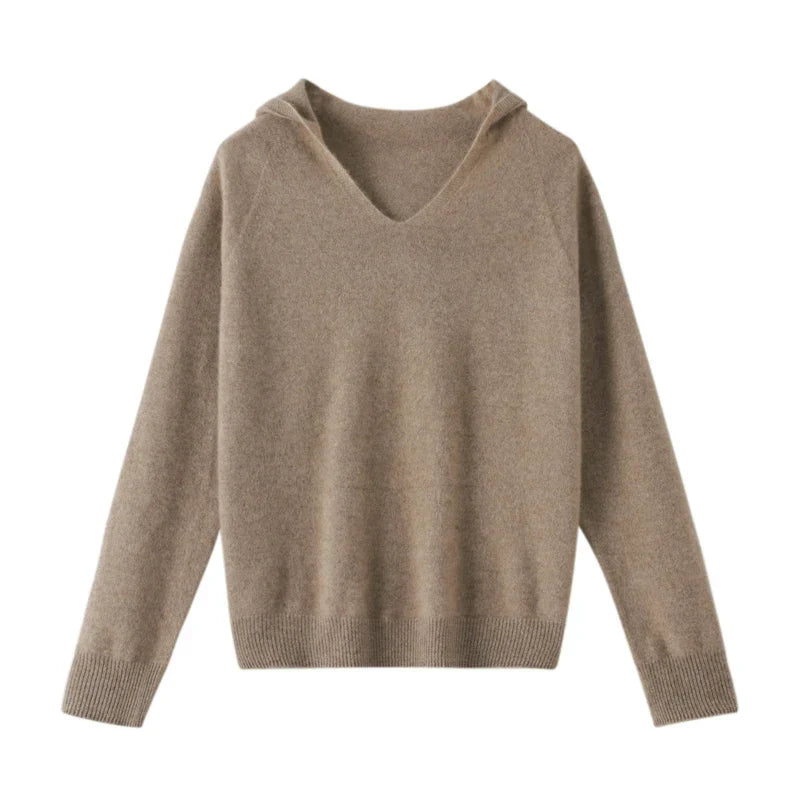 Pull en Laine à Capuche et Col en V pour Femme