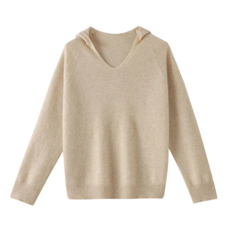 Pull en Laine à Capuche et Col en V pour Femme