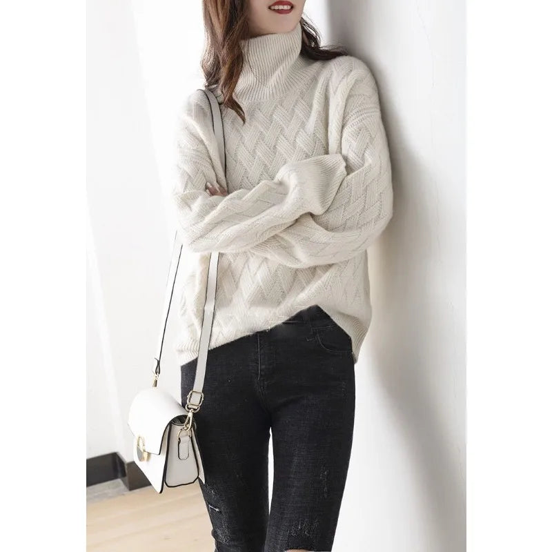 Pull Oversize Torsadé Manches Longues à Col Roulé pour Femme