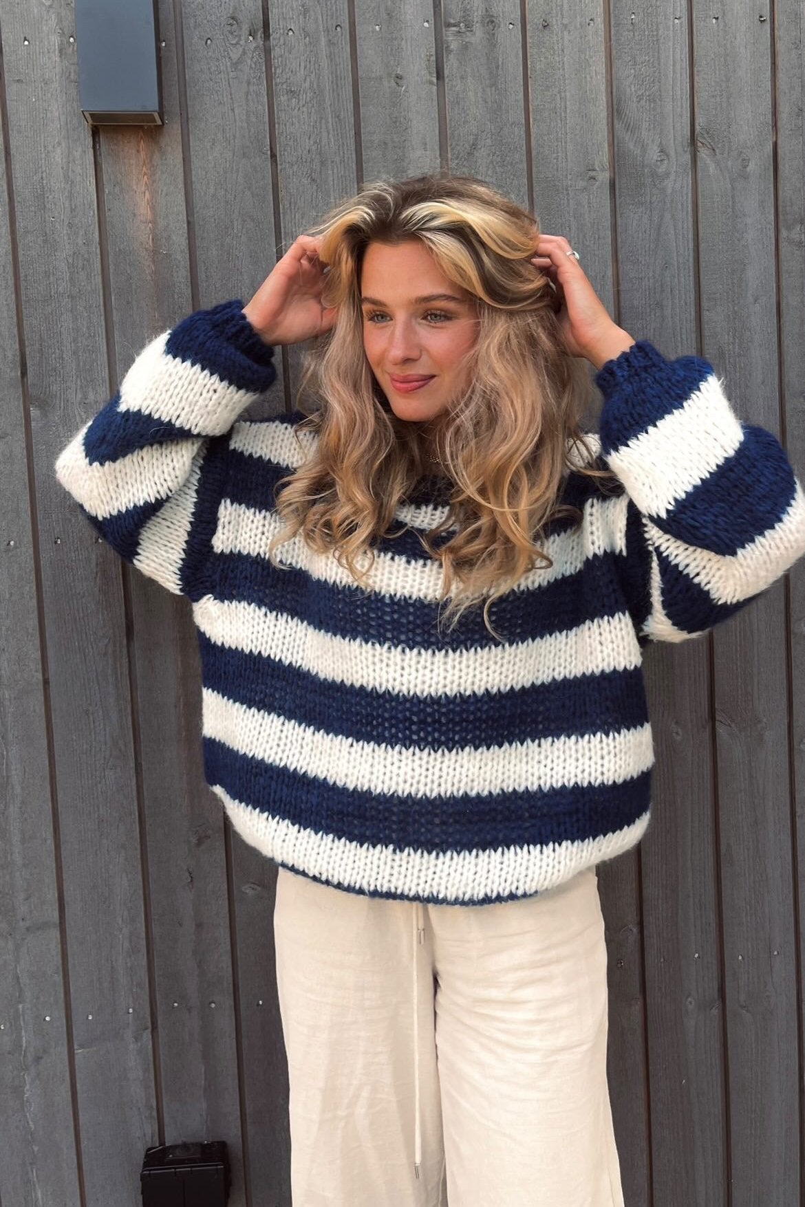 Pull à Manches Longues et Col Rond en Grosse Maille Rayée pour Femme