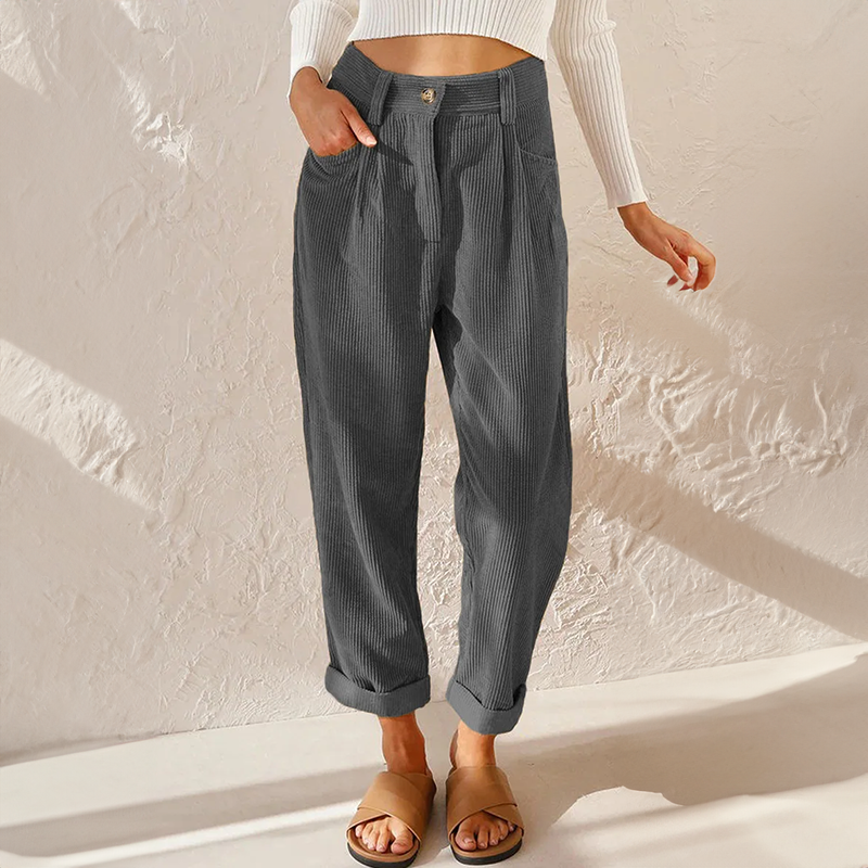 Pantalon Taille Haute en Velours Côtelé Coupe Carotte pour Femme