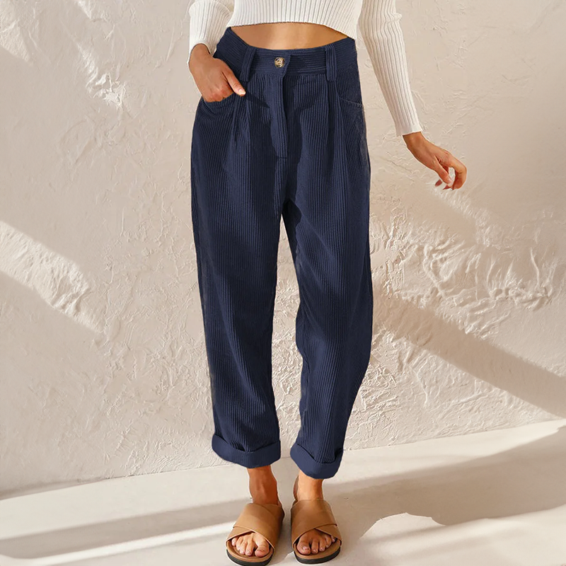 Pantalon Taille Haute en Velours Côtelé Coupe Carotte pour Femme