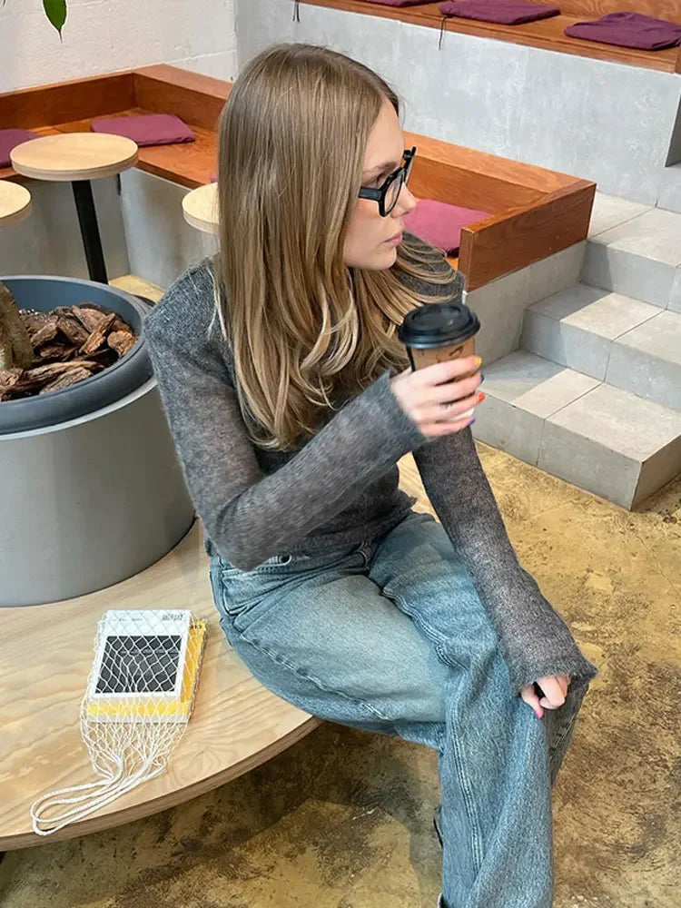 Pull ajusté à manches longues et col rond pour Femmes