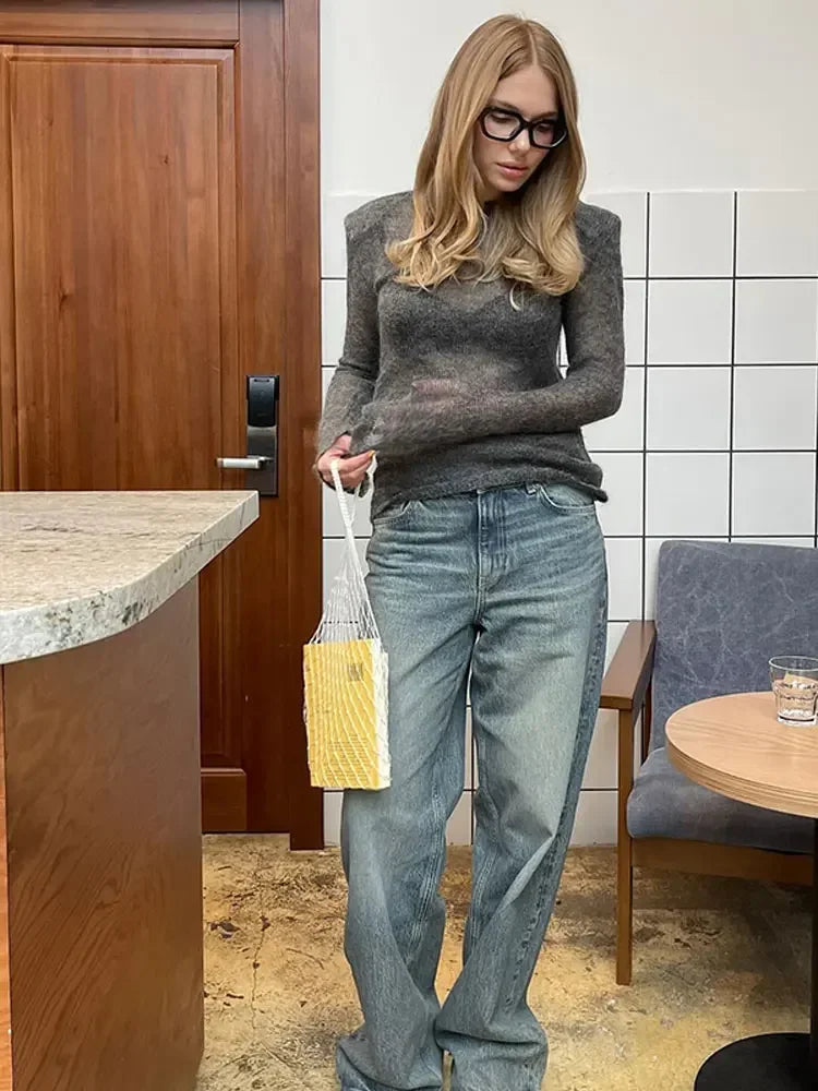 Pull ajusté à manches longues et col rond pour Femmes