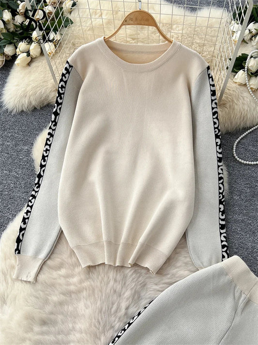 Ensemble Tricoté Top à Manches Longues et Pantalon à Jambes Larges pour Femme