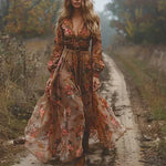 Robe Longue Boho Imprimée à Col Chemise pour Femme