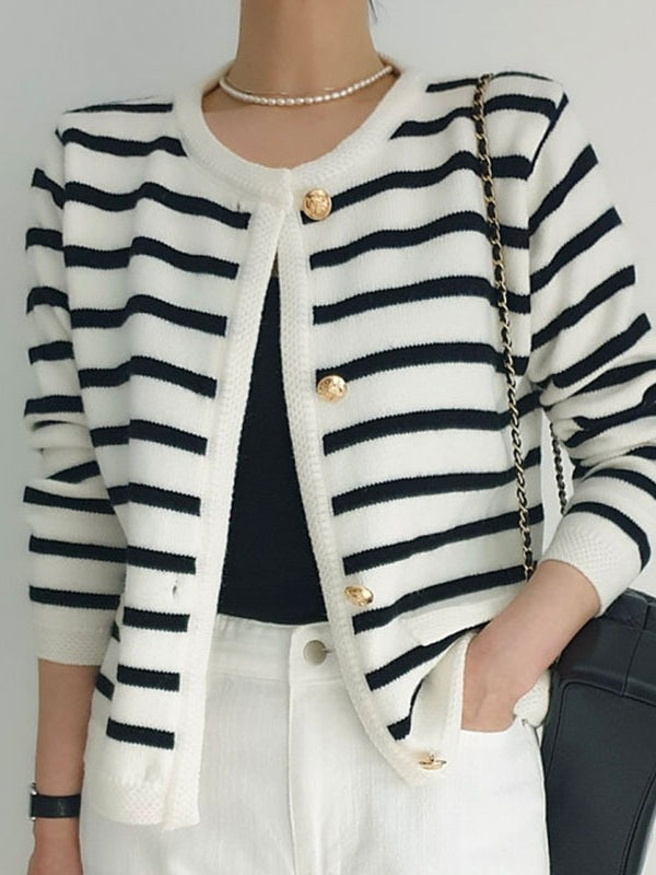 Striped Knitted Cardigan in Tweed Style for Women