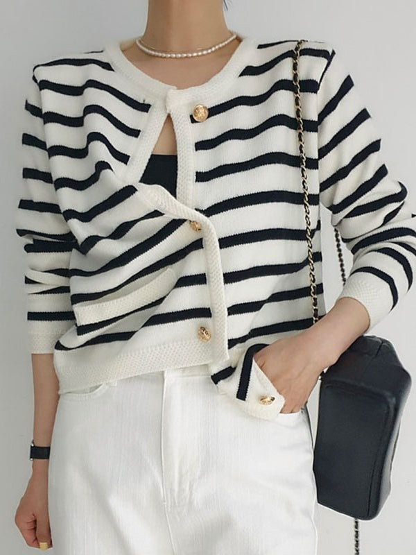 Striped Knitted Cardigan in Tweed Style for Women