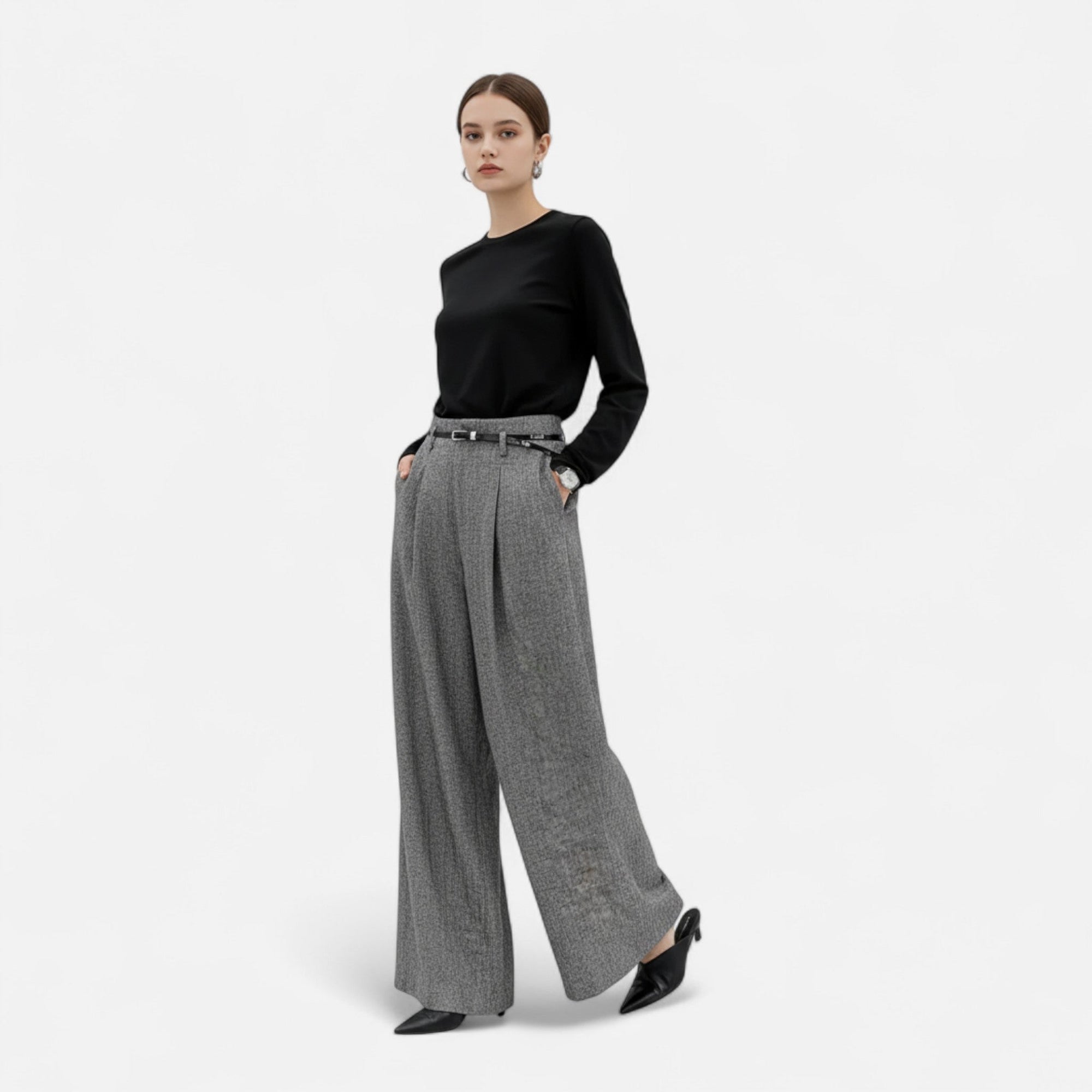 Pantalon Large Taille Haute en Tweed pour Femmes