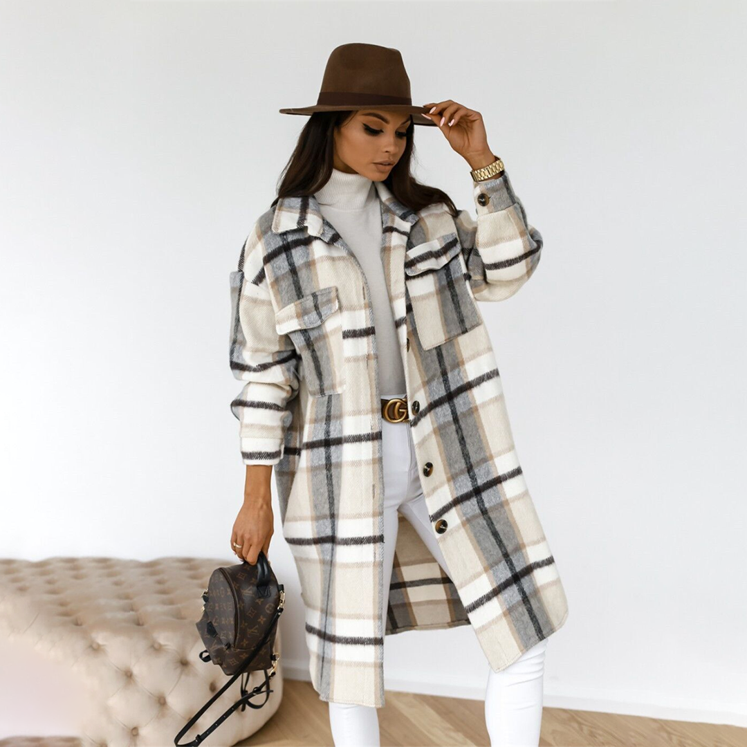 Manteau Long à Carreaux pour Femmes