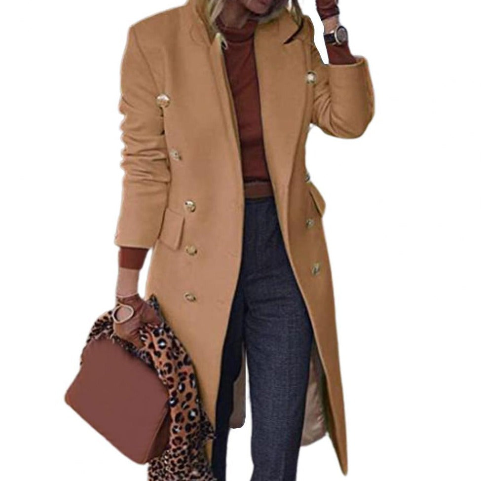 Manteau Long Boutonné Double Rangée pour Femmes