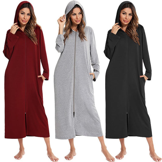 Robe de nuit zippée à capuche pour femmes