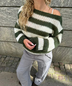 Pull à Manches Longues et Col Rond en Grosse Maille Rayée pour Femme