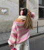 Pull à Manches Longues et Col Rond en Grosse Maille Rayée pour Femme