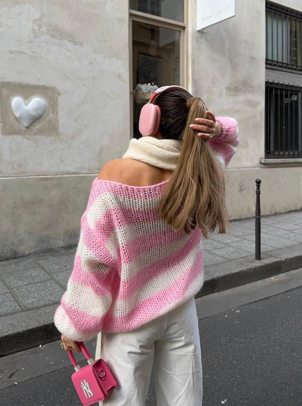 Pull à Manches Longues et Col Rond en Grosse Maille Rayée pour Femme