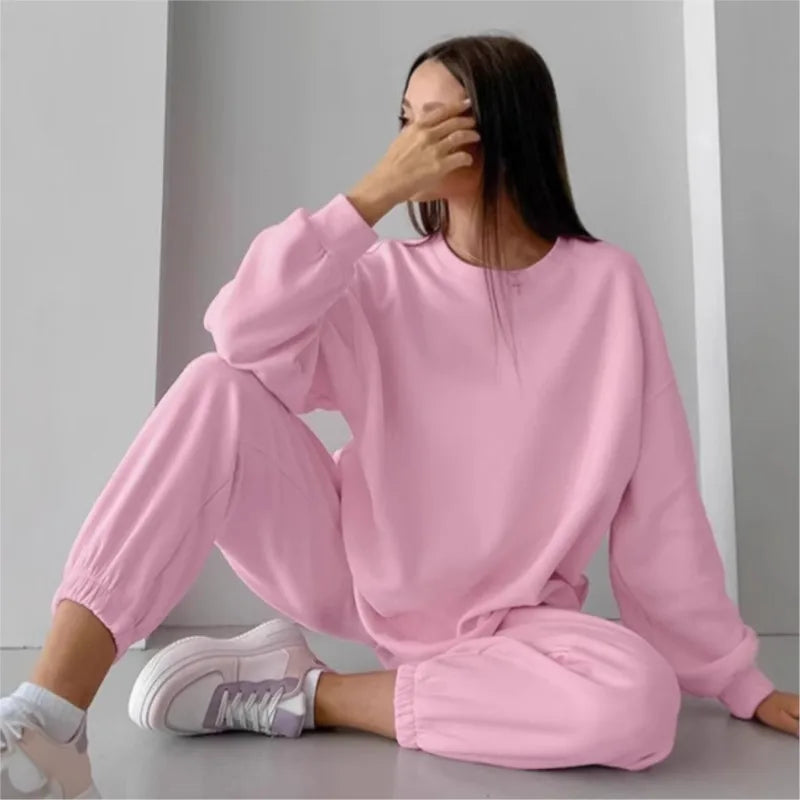 Ensemble deux pièces en velours rose avec sweatshirt à col rond pour Femme