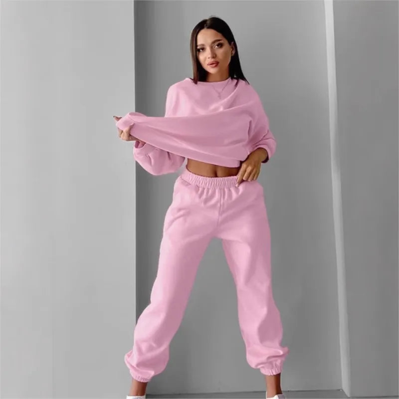 Ensemble deux pièces en velours rose avec sweatshirt à col rond pour Femme