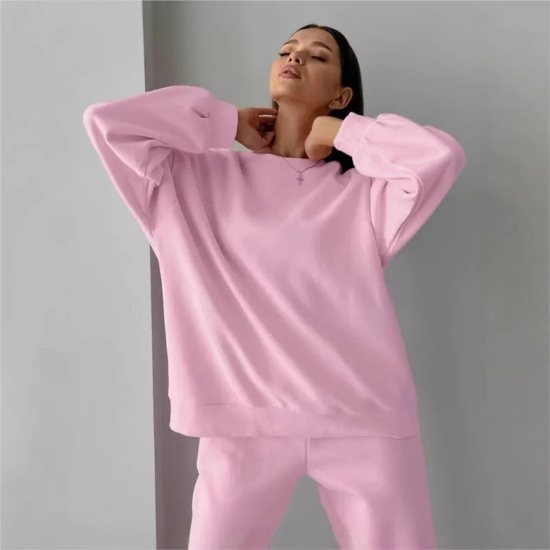 Ensemble deux pièces en velours rose avec sweatshirt à col rond pour Femme