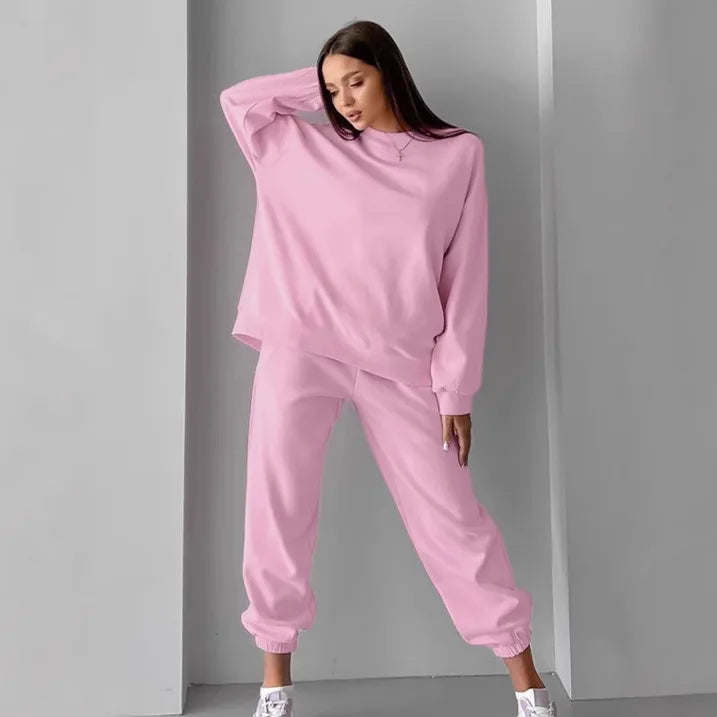 Ensemble deux pièces en velours rose avec sweatshirt à col rond pour Femme