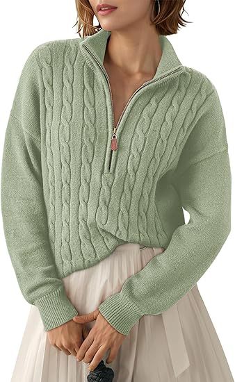 Pull Torsadé en Grosse Maille à Col Montant et Demi Zip pour Femme