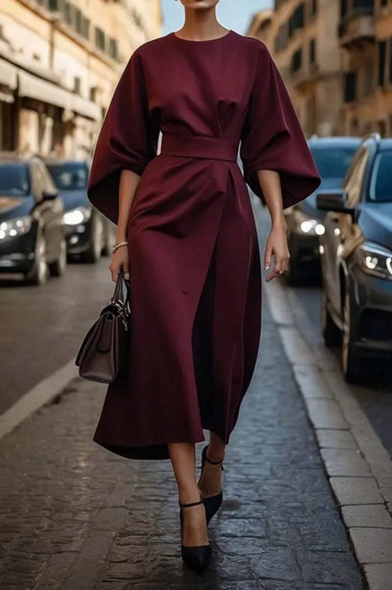 Robe Midi Élégante à Manches Ballon pour Femmes