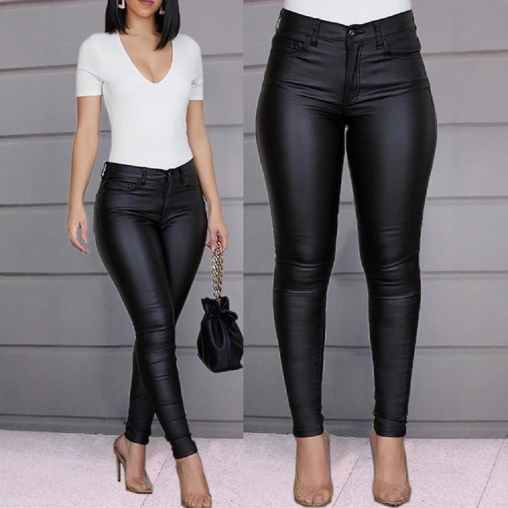 Pantalon Taille Haute en Simili Cuir Coupe Slim pour Femme