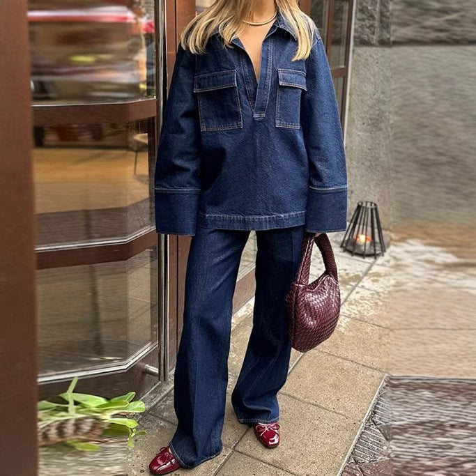 Pantalon Large et Long en Denim à Coutures Apparentes pour Femme