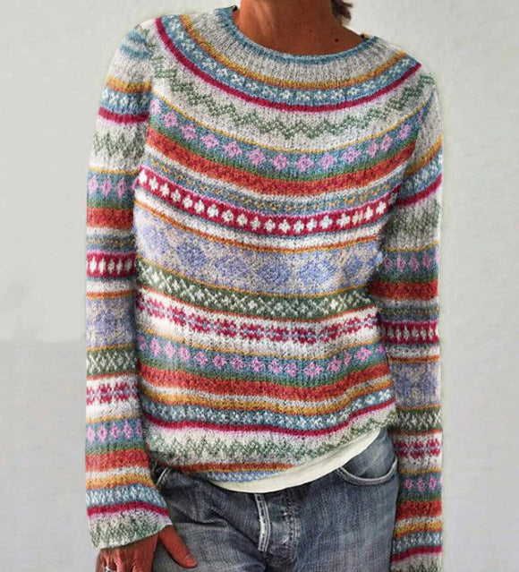 Pull Oversize Jacquard à Col Rond et Manches Longues pour Femme