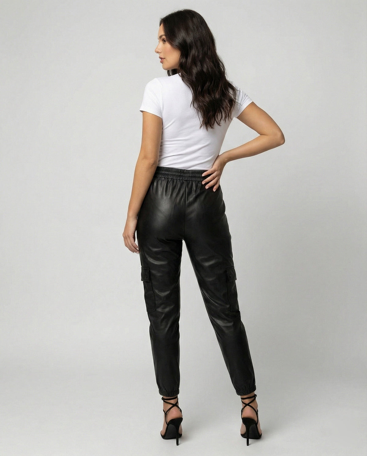 Pantalon Cargo en Simili Cuir à Taille Élastique pour Femme
