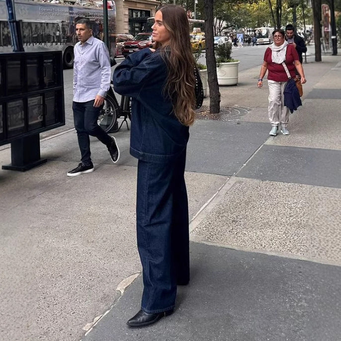 Pantalon Large et Long en Denim à Coutures Apparentes pour Femme