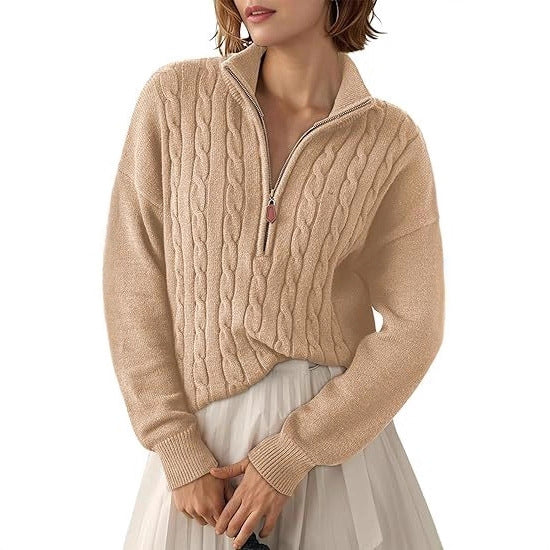 Pull Torsadé en Grosse Maille à Col Montant et Demi Zip pour Femme