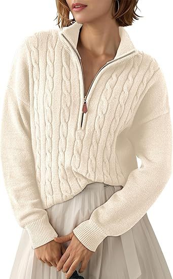 Pull Torsadé en Grosse Maille à Col Montant et Demi Zip pour Femme