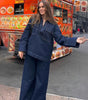Pantalon Large et Long en Denim à Coutures Apparentes pour Femme